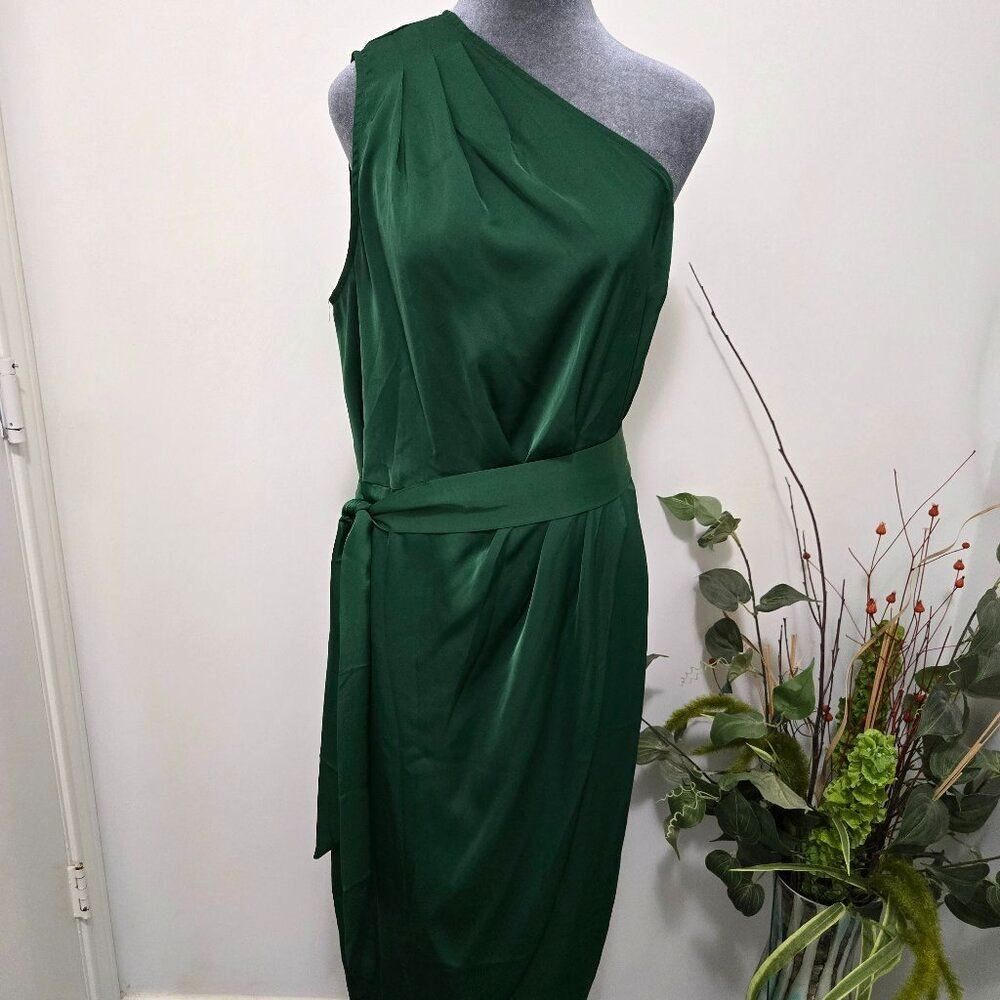 PRETTYGARDEN One Shoulder Satin Dress Green XL Belted Draped Formal